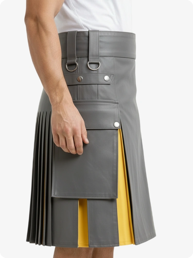 Grey & Yellow Leather Utility Kilt with Cargo Pockets