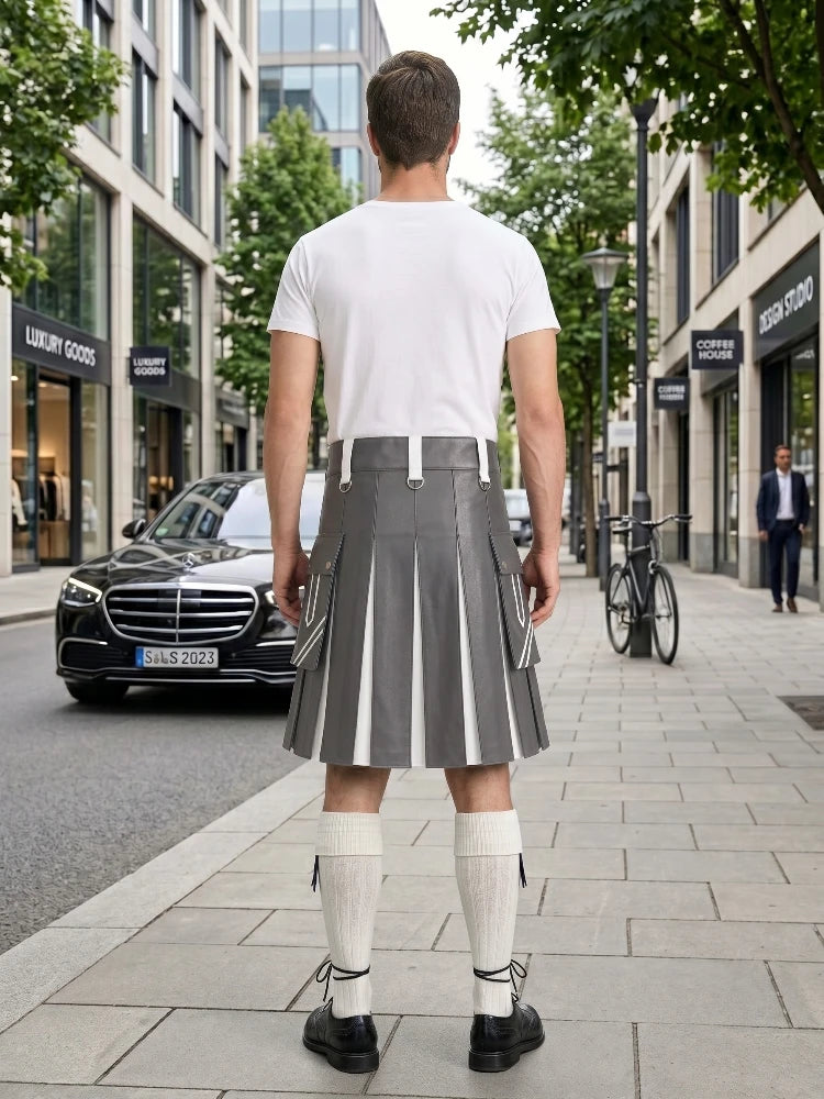 Grey and White Leather Hybrid Utility Kilt Back Side