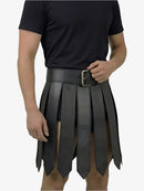 Person wearing a black leather kilt with a belt on a white background