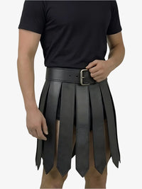 Person wearing a black leather kilt with a belt on a white background