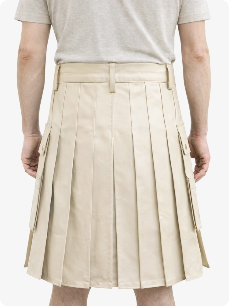 Handcrafted Biege Cream Leather Utility Kilt with Front Button Rivets