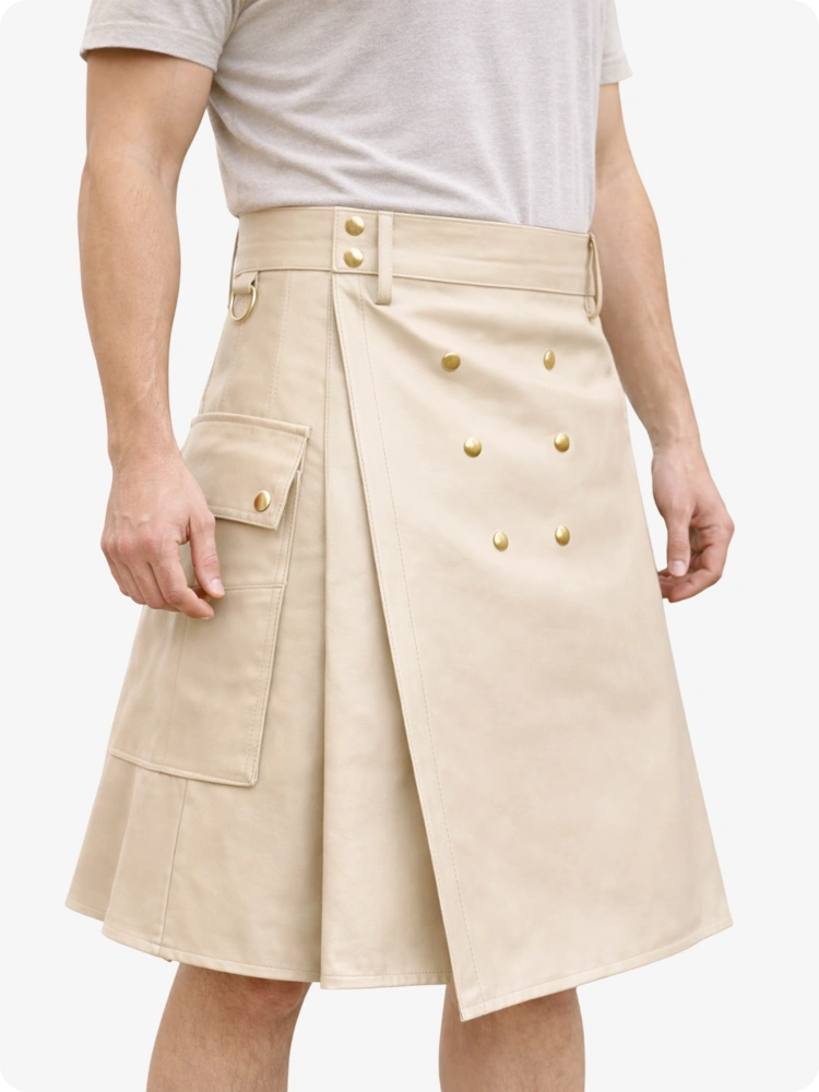 Handcrafted Biege Cream Leather Utility Kilt with Front Button Rivets