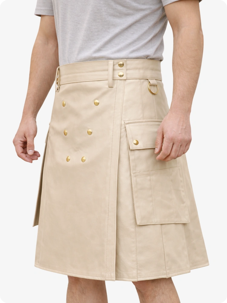 Handcrafted Biege Cream Leather Utility Kilt with Front Button Rivets