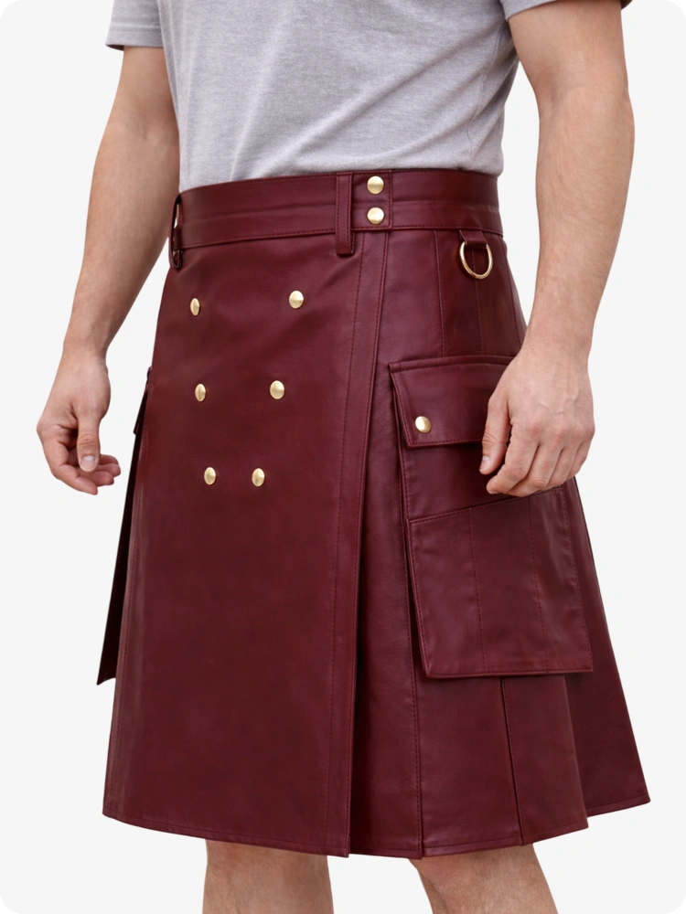 Handcrafted Burgundy Leather Utility Kilt with Front Button Rivets