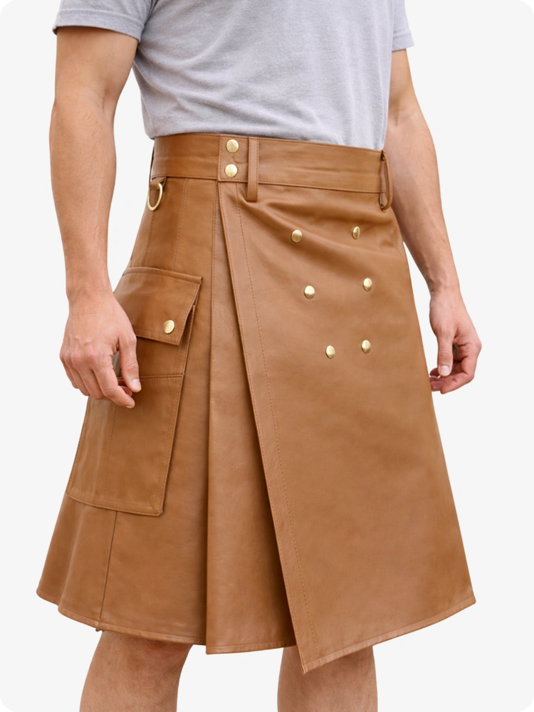 Handcrafted Camel Leather Utility Kilt with Front Button Rivets