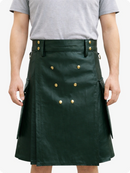 Handcrafted Dark Green Leather Utility Kilt with Front Button Rivets