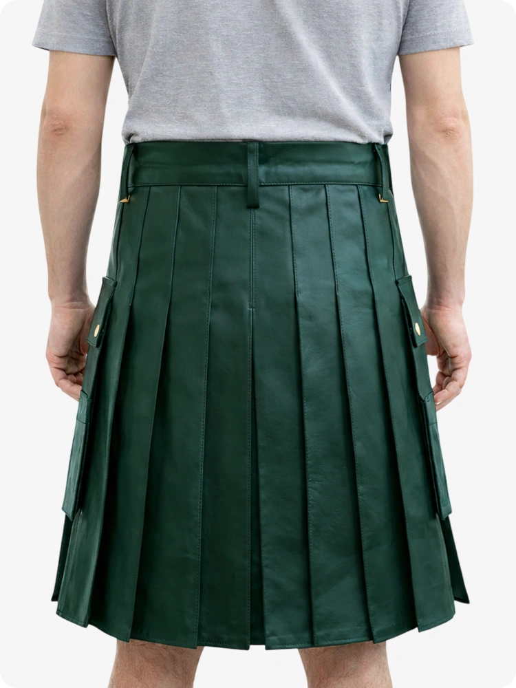 Handcrafted Dark Green Leather Utility Kilt with Front Button Rivets