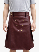 Handcrafted Maroon Leather Utility Kilt with Front Button Rivets