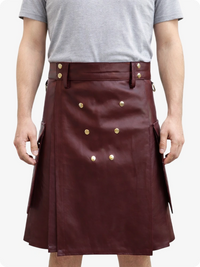 Handcrafted Maroon Leather Utility Kilt with Front Button Rivets
