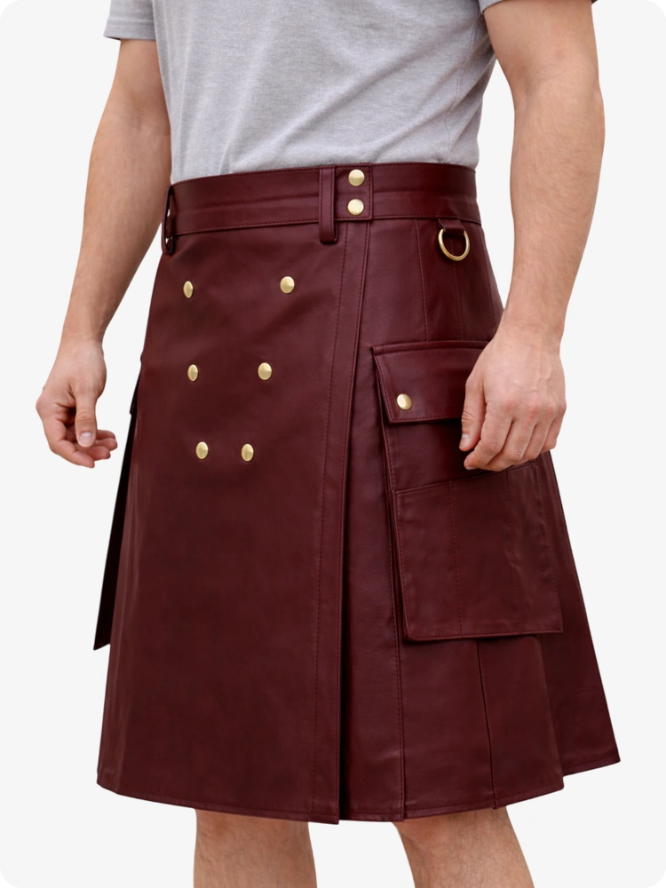 Handcrafted Maroon Leather Utility Kilt with Front Button Rivets