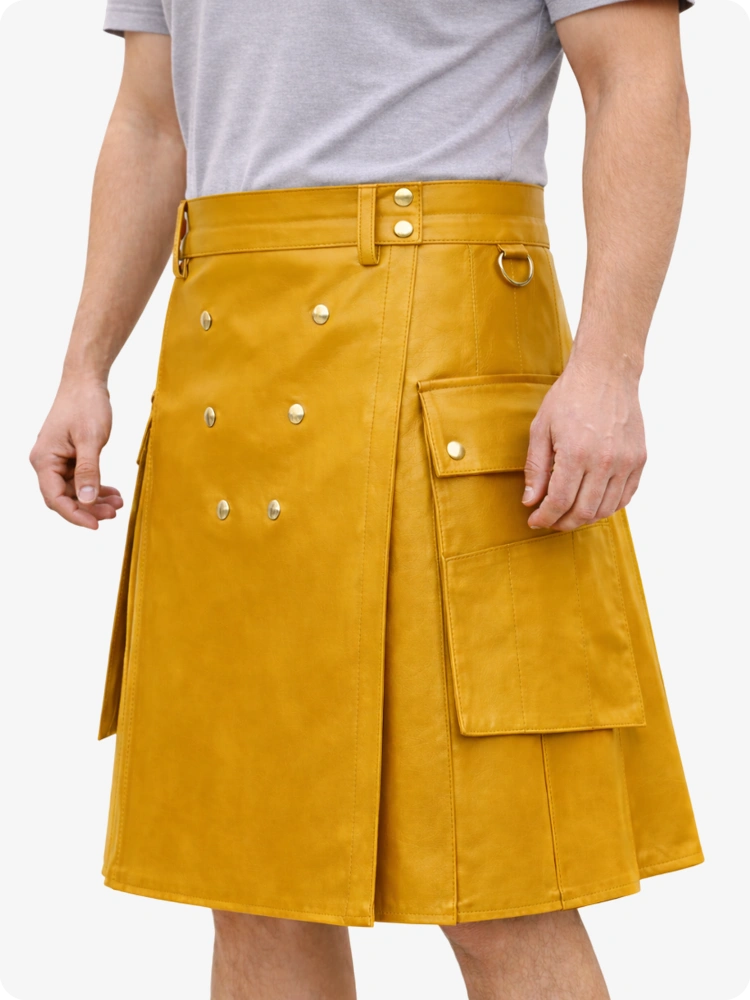 Handcrafted Mustard Yellow Leather Utility Kilt with Front Button Rivets