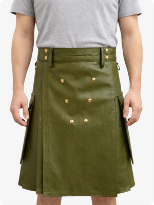 Handcrafted Olive Green Leather Utility Kilt with Front Button Rivets
