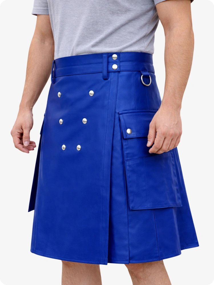 Person wearing a Royal blue kilt with white buttons on a plain background