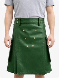 Standard Green kilt with gold buttons worn by a person on a white background