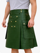Handcrafted Standard Green Leather Utility Kilt with Front Button Rivets