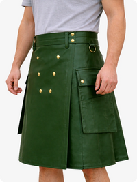 Handcrafted Standard Green Leather Utility Kilt with Front Button Rivets