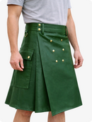 Standard Green skirt with gold buttons worn by a person on a white background