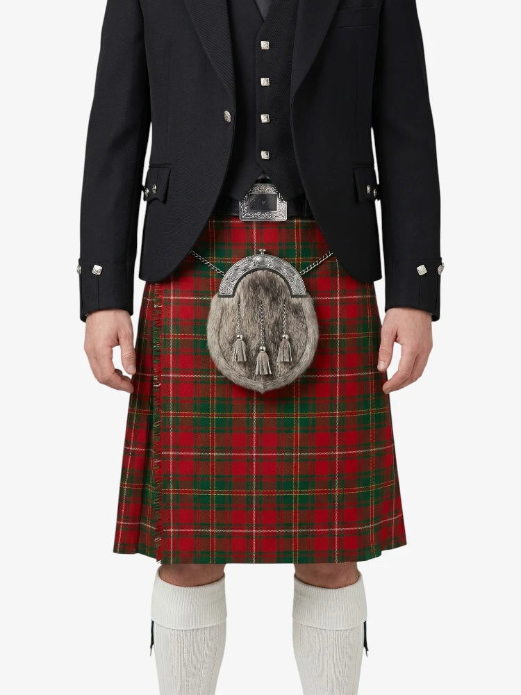 Person wearing a traditional Scottish kilt with a tartan pattern on a white background