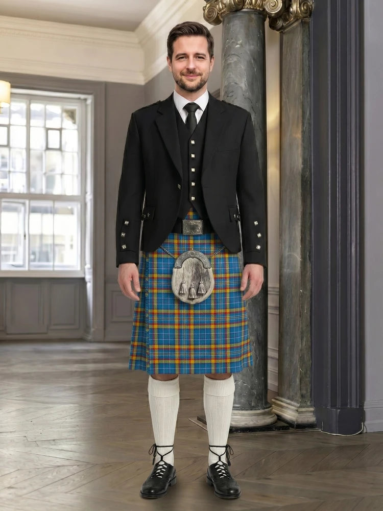 Man wearing a traditional Scottish kilt in a formal setting