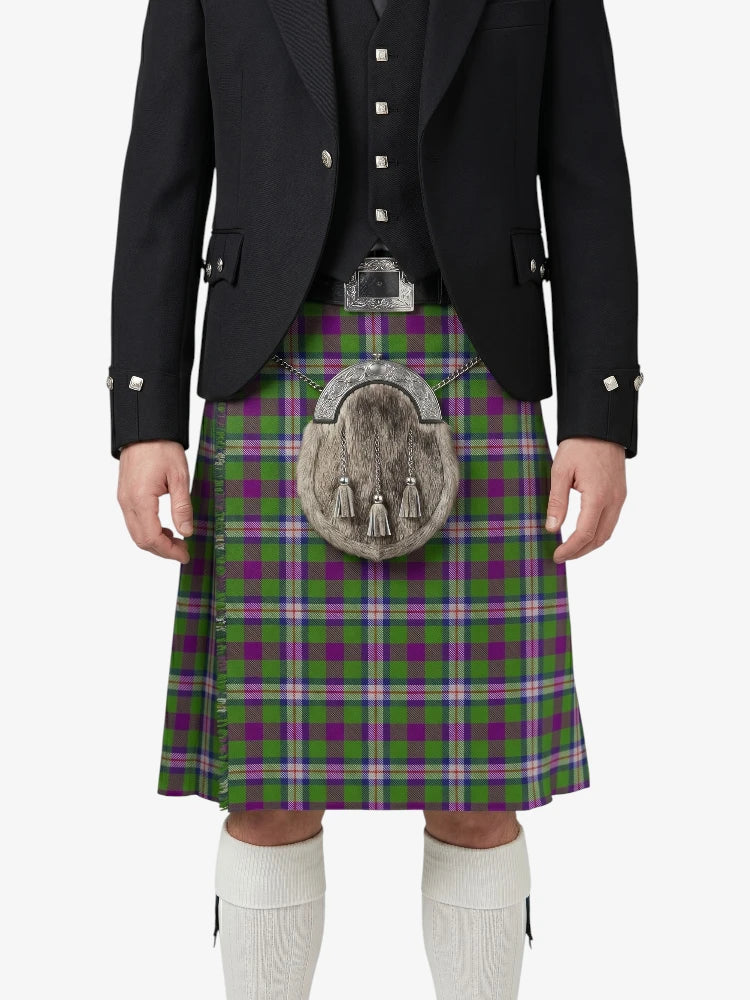 Person wearing a Scottish kilt with a tartan pattern on a white background