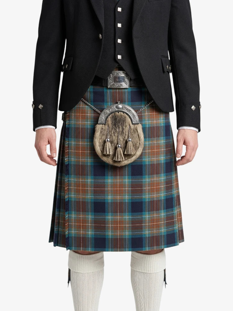 Person wearing a traditional Scottish kilt with a tartan pattern on a white background