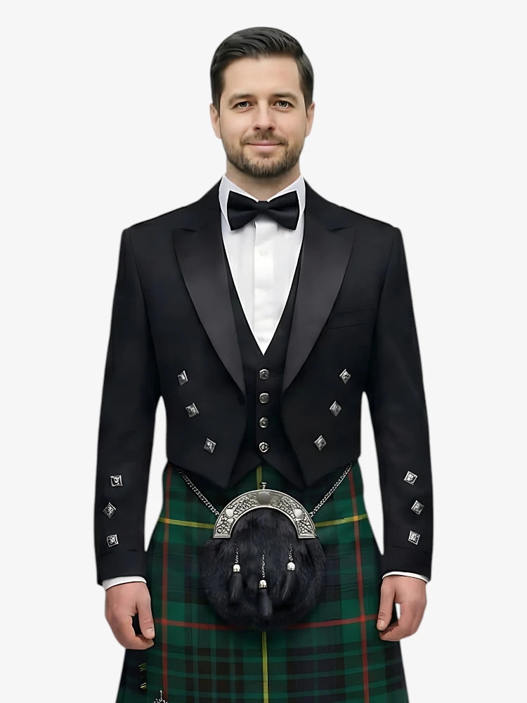 Man wearing a formal black prince charlie jacket tuxedo with a hunting stewart tartan kilt on a white background