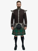 Man wearing a traditional Scottish irish national tartan kilt with a brown jacket on a white background