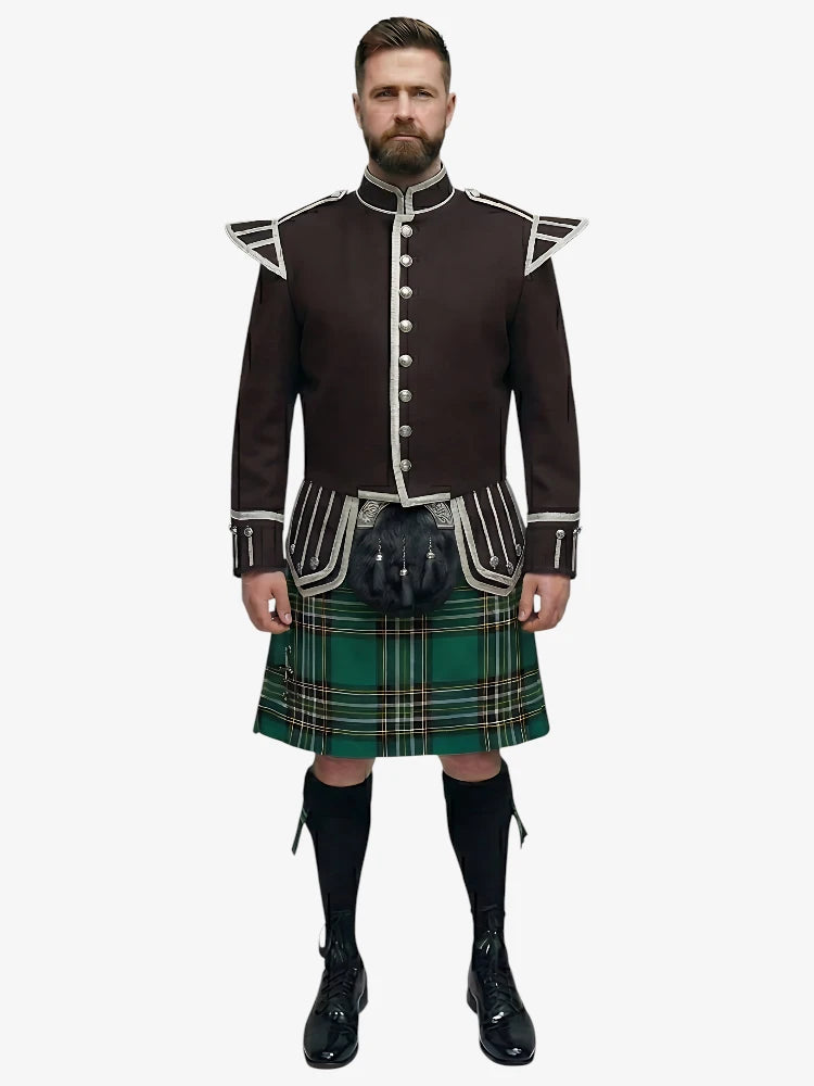 Irish National Tartan Doublet Kilt Outfit with Dark Brown Jacket