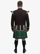 Person wearing a traditional Scottish irish national tartan kilt with a dark brown jacket on a white background