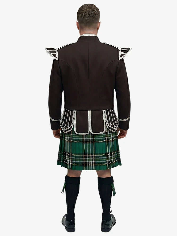 Irish National Tartan Doublet Kilt Outfit with Dark Brown Jacket