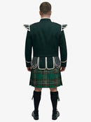 Person wearing a irish national tartan kilt with a dark green doublet jacket on a white background