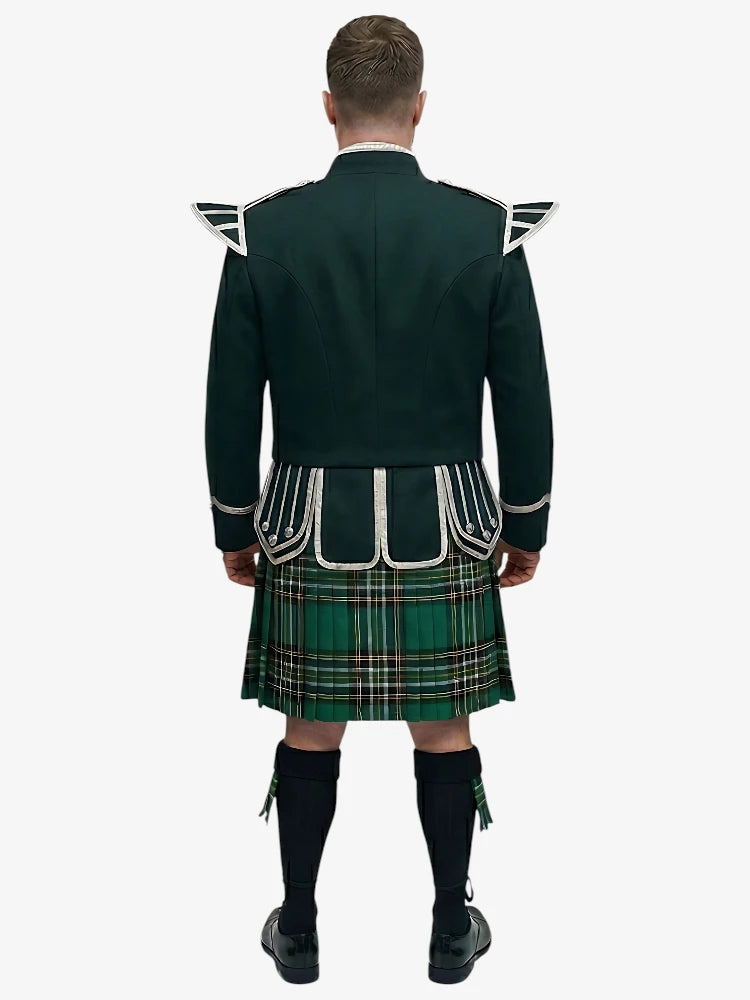 Irish National Tartan Doublet Kilt Outfit with Dark Green Jacket