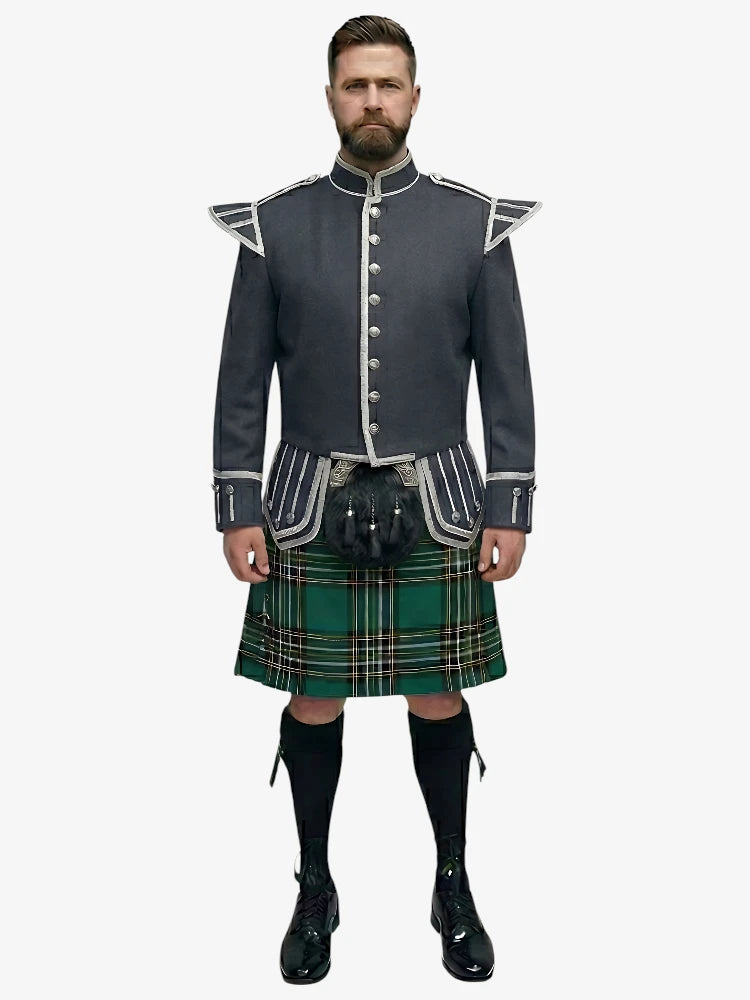 Irish National Tartan Doublet Kilt Outfit with Dark Grey Jacket