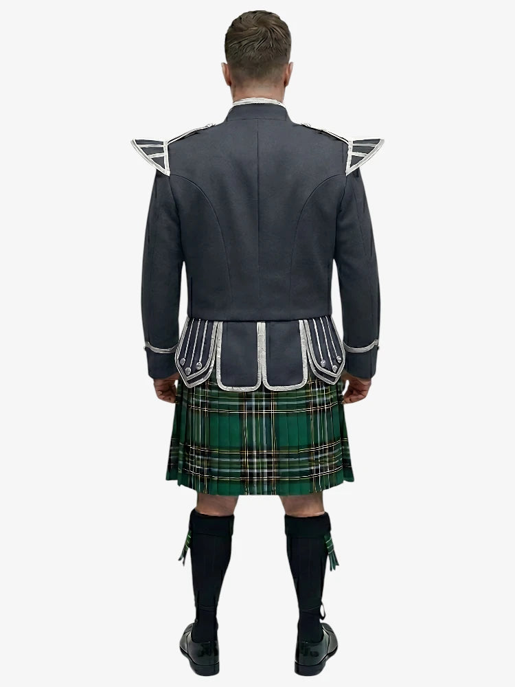 Irish National Tartan Doublet Kilt Outfit with Dark Grey Jacket
