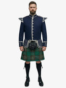 Man wearing a traditional Scottish irish national tartan kilt with a navy jacket on a white background