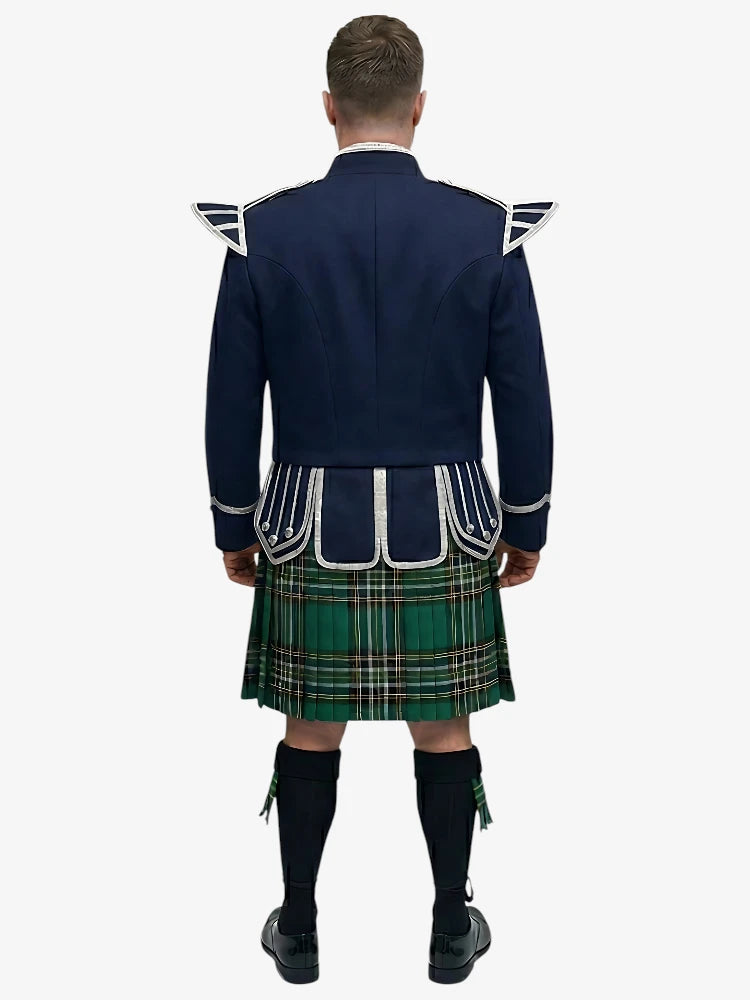 Irish National Tartan Doublet Kilt Outfit with Navy Blue Jacket