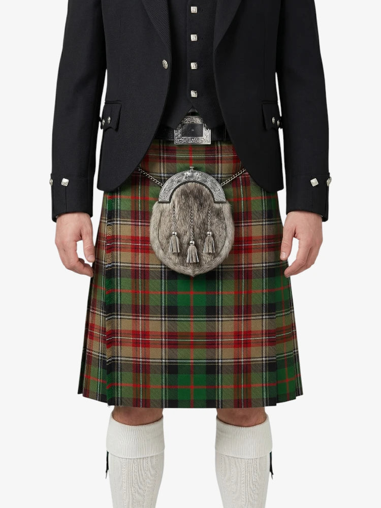 Person wearing a traditional Scottish kilt with a tartan pattern on a white background