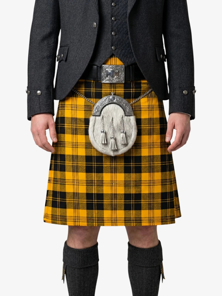 Person wearing a yellow and black plaid kilt with a dark gray jacket and boots on a white background