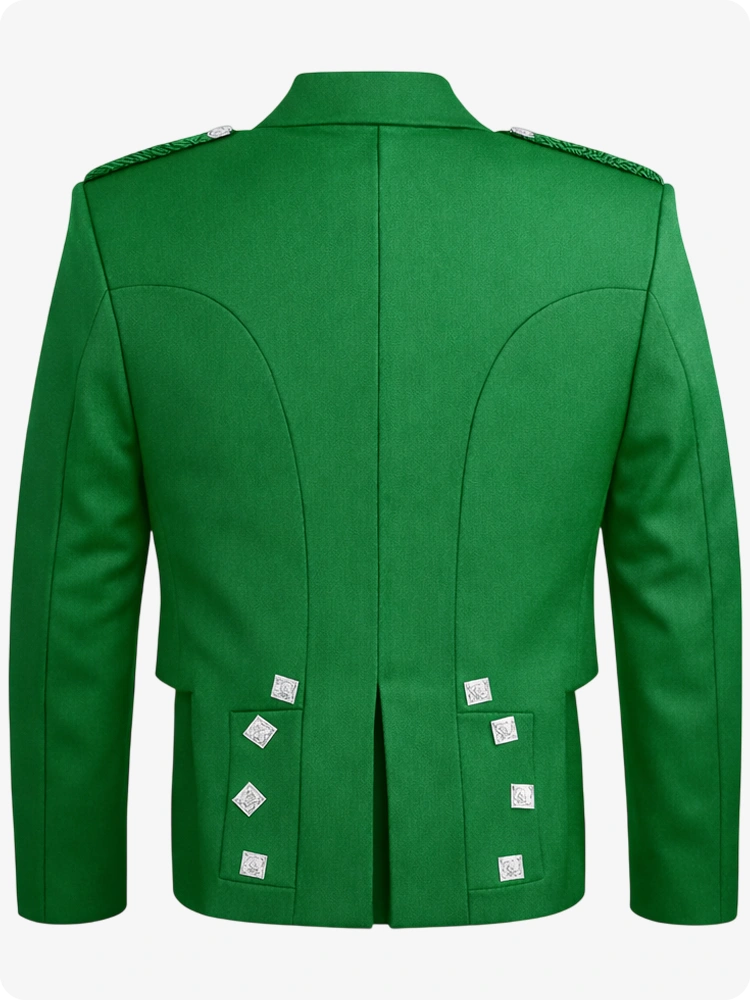 Kelly Green Prince Charlie Kilt Jacket with Satin Lapels & Silver Square Buttons