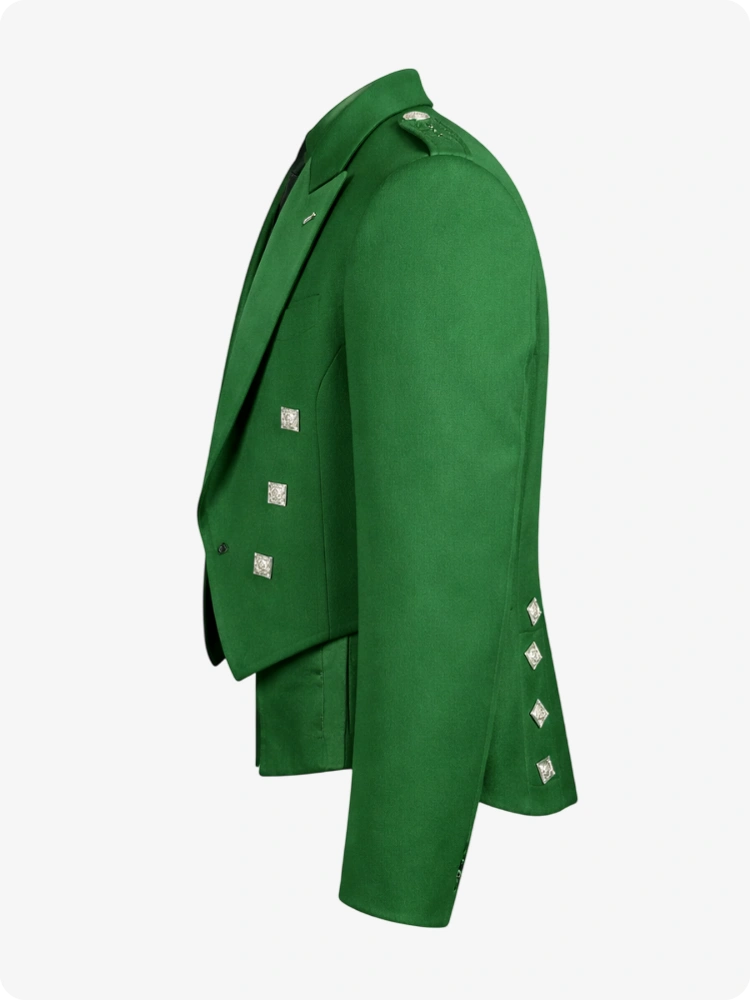 Kelly Green Prince Charlie Kilt Jacket with Satin Lapels & Silver Square Buttons