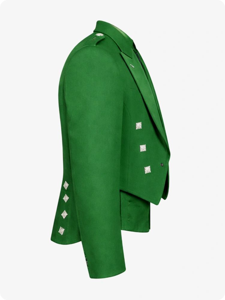 Kelly Green Prince Charlie Kilt Jacket with Satin Lapels & Silver Square Buttons