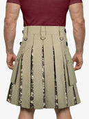 Person wearing a beige kilt with digital camouflage pattern on a white background