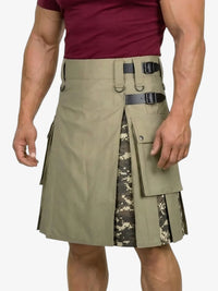 Man wearing a khaki and camouflage patterned kilt on a white background