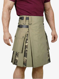 Person wearing a khaki kilt with digital camouflage accents on a white background