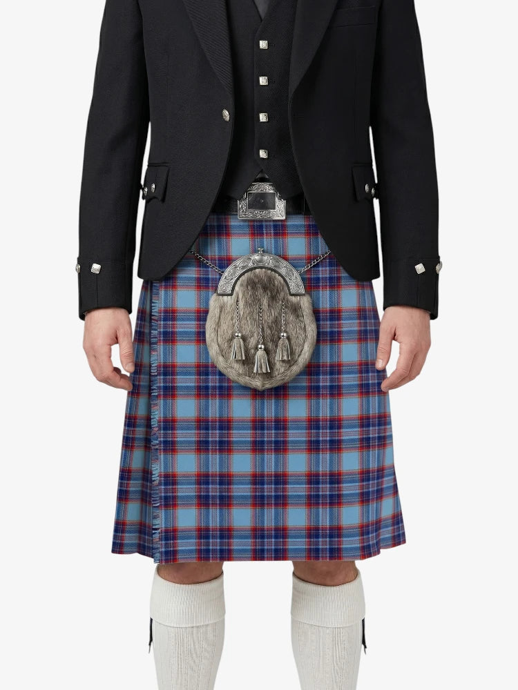 Person wearing a traditional Scottish kilt with a tartan pattern on a white background