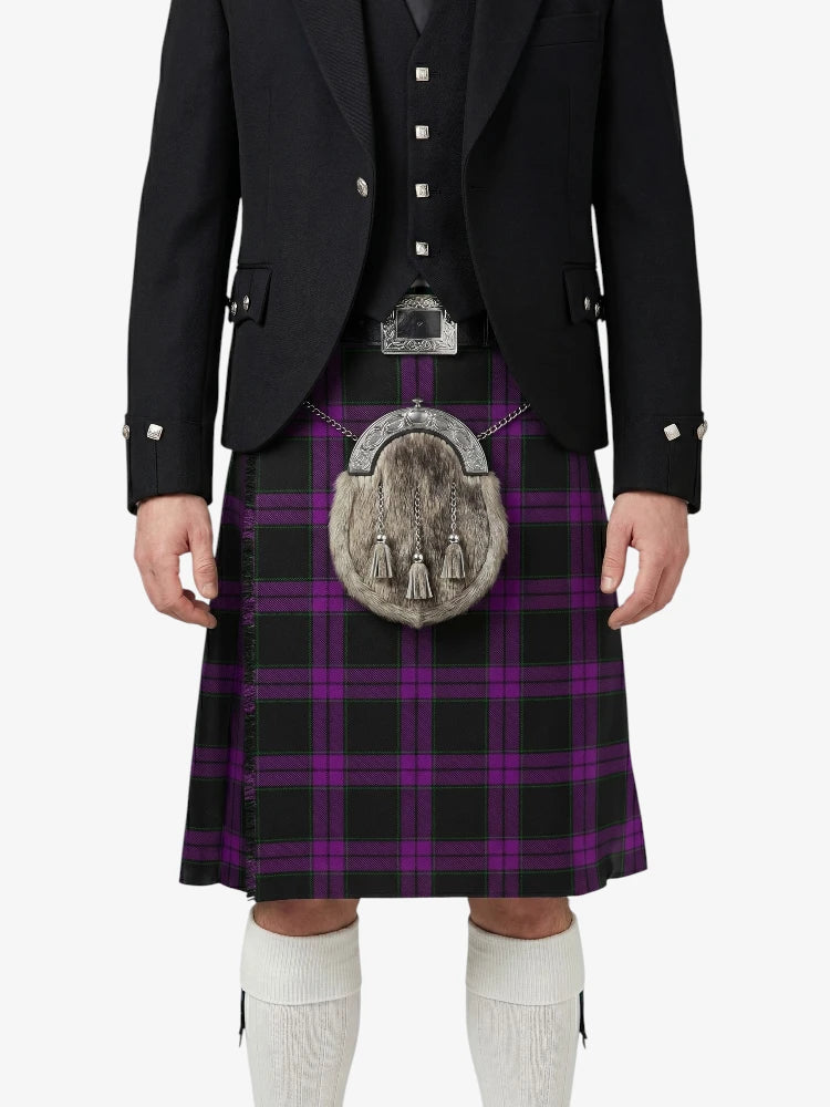 Person wearing a black jacket, purple plaid kilt, and white socks on a white background