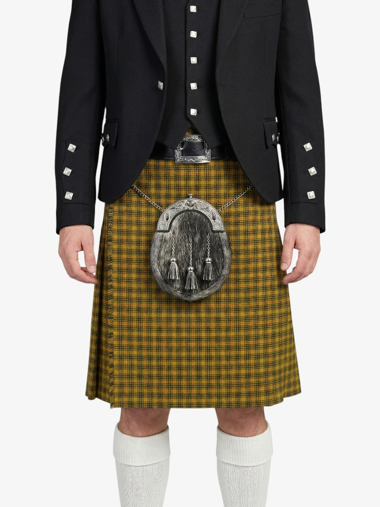 Person wearing a traditional Scottish kilt with a plaid pattern on a white background