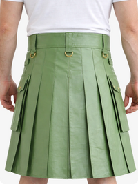 Light Green Genuine Leather Utility Kilt with Cargo Pockets & D-Rings
