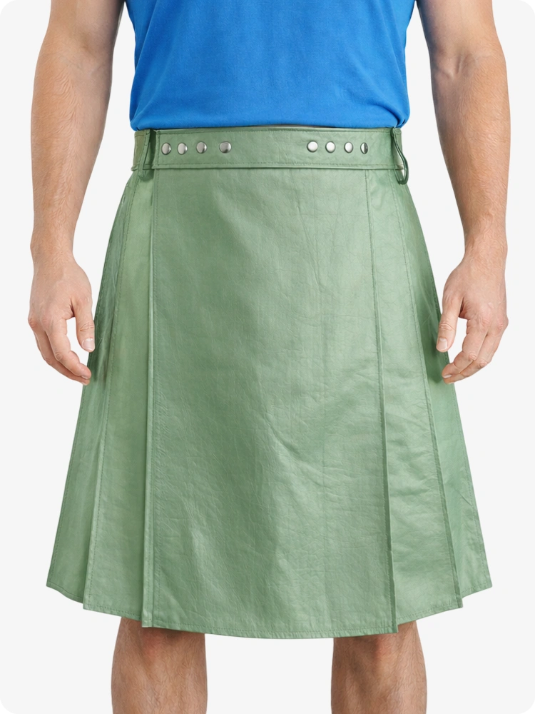 Light Green Genuine Leather Utility Kilt with Studded Waistband