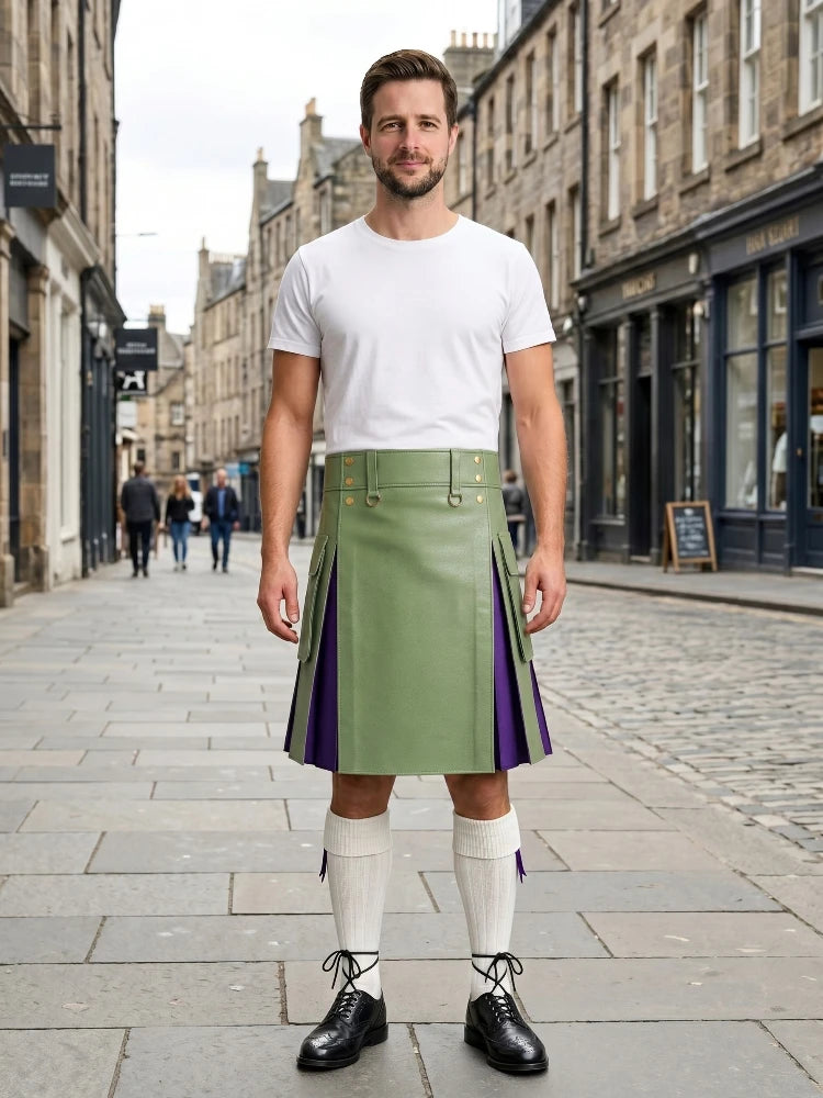 Light Green Leather Kilt With Purple Pleats Front Side